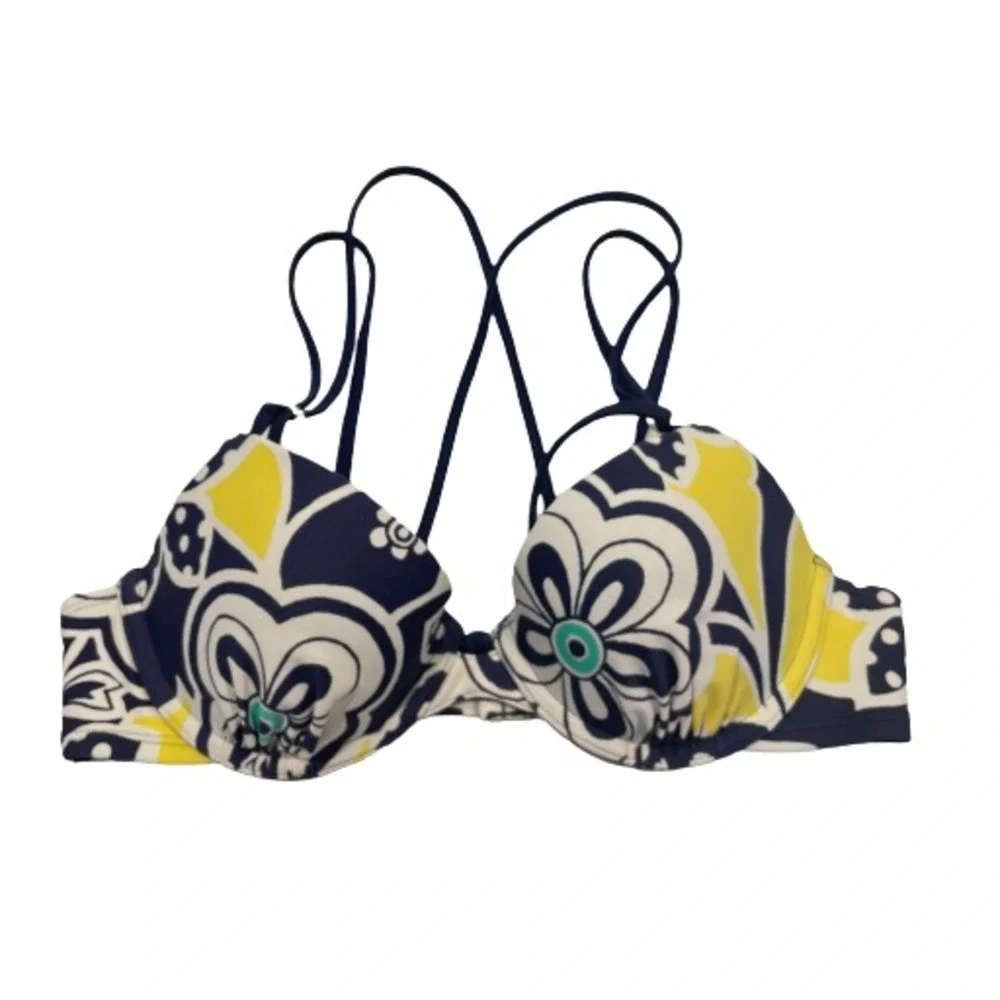 Aerie Bridget Bikini Top Underwire‎ Padded Strappy Floral 34B Navy Yellow